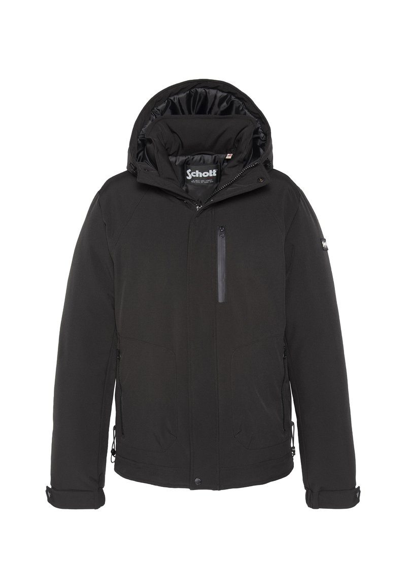 Czarna ocieplana kurtka z kapturem, przednią kieszenią na suwak i regulowanymi mankietami. Charakteryzuje się gładkim materiałem i ukrytymi zapięciami dla eleganckiego wyglądu.