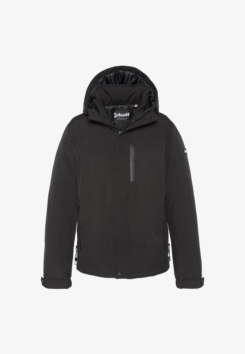 Czarna ocieplana kurtka z kapturem, przednią kieszenią na suwak i regulowanymi mankietami. Charakteryzuje się gładkim materiałem i ukrytymi zapięciami dla eleganckiego wyglądu.