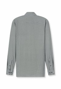 Langärmliges Hemd in Hellblau mit geometrischem Muster. Hergestellt aus strukturiertem Stoff mit spitzem Kragen und knöpfbaren Manschetten.