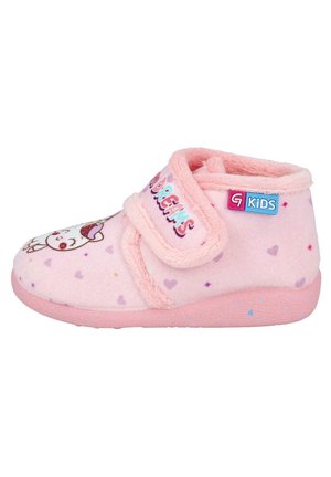 Zapatillas de casa infantiles de felpa rosa con una tira de Velcro, que presentan un gráfico de unicornio y coloridos patrones de corazones. Diseño suave y texturizado.