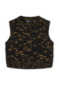 Svart och guldmarmerad stickad ärmlös tröja med rundad halsringning och texturerad yta. Har en avslappnad, kortad passform.