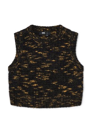 Suéter sin mangas de punto negro y dorado salpicado, con cuello redondo y acabado texturizado. Presenta una forma relajada y cropped.