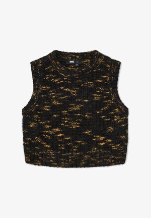 Maglione senza maniche a maglia con rifinitura a pois neri e dorati, con scollo rotondo e finitura testurizzata. Presenta una forma rilassata e cropped.