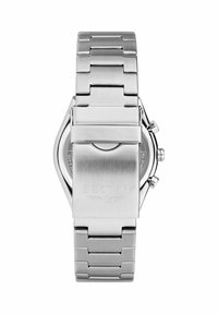 Orologio in acciaio inossidabile argentato con finitura lucida e satinata, caratterizzato da una cassa esagonale, bracciale a maglie e una chiusura con logo inciso.