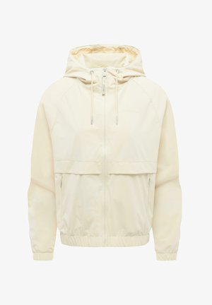 Crèmekleurige lichtgewicht jas met capuchon, ritssluiting aan de voorkant, verstelbare trekkoorden, elastische manchetten en ritssluitingen aan de zijkanten.