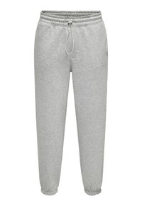 Pantalones de chándal gris claro con cinturilla elástica, cordón ajustable y puños acanalados en los tobillos. Fabricados en suave tejido de mezcla de algodón.