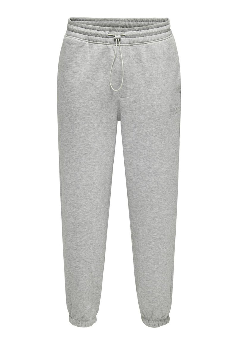 Pantalones de chándal gris claro con cinturilla elástica, cordón ajustable y puños acanalados en los tobillos. Fabricados en suave tejido de mezcla de algodón.