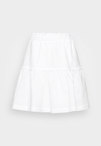 Bílá vrstvená sukně vyrobená z lehkého materiálu s elastickým pasem. Má splývavý design s volánkovými okraji na švech.