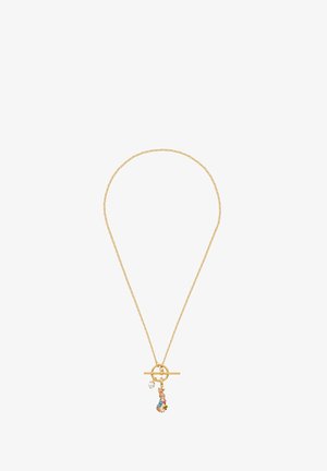 Collier en or avec une fine chaîne, doté d'un fermoir à bascule, d'un accent en perle et d'un pendentif en forme de lapin vêtu d'un habit bleu.