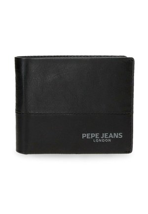 Cartera negra de cuero con doble pliegue y el logo "PEPE JEANS LONDON" en plata en la esquina inferior derecha del frente.