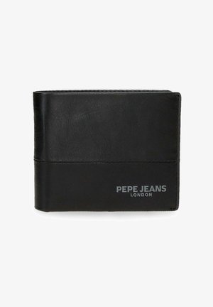 Cartera negra de cuero con doble pliegue y el logo "PEPE JEANS LONDON" en plata en la esquina inferior derecha del frente.