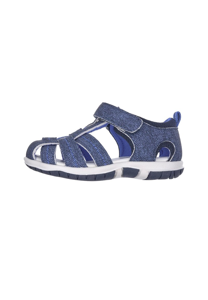 Sandal in tessuto blu con multiple cinghie, chiusura in Velcro e suola in gomma bianca. Presenta una parte superiore testurizzata e una linguetta sul tallone.