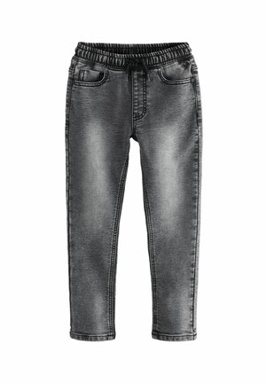 Pantalon jogger en denim noir délavé avec taille élastique, cordon de serrage et poches avant.