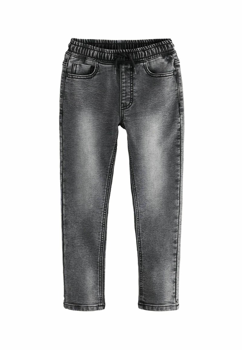 Pantalon jogger en denim noir délavé avec taille élastique, cordon de serrage et poches avant.