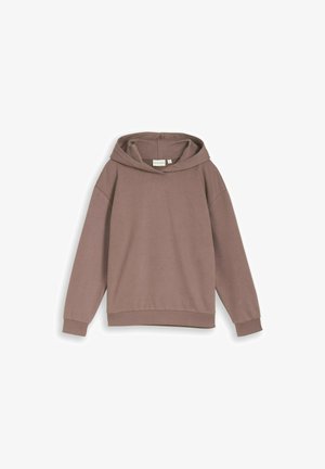 Brauner Pullover-Hoodie mit langen Ärmeln, gerippten Bündchen und einer vorderen Kängurutasche, dargestellt vor weißem Hintergrund.