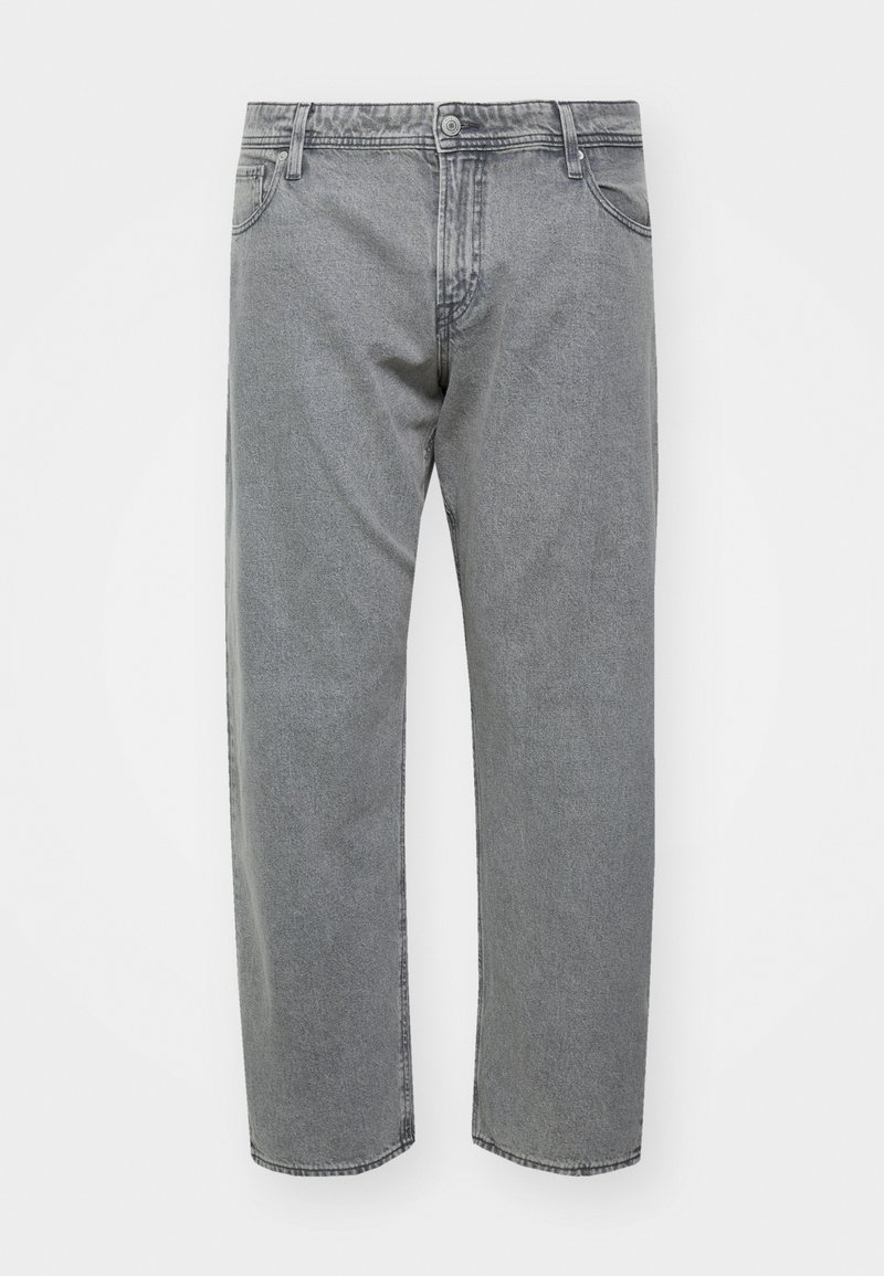 Jeans in denim grigio con una vestibilità dritta, cinque tasche e passanti per cintura. Il materiale presenta una texture usurata con leggeri sbiadimenti e cuciture a contrasto.