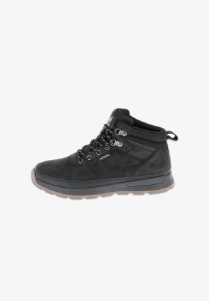 Black hiking boots made of suede with a padded collar, metal eyelets, and a textured rubber sole. Features a logo on the side.