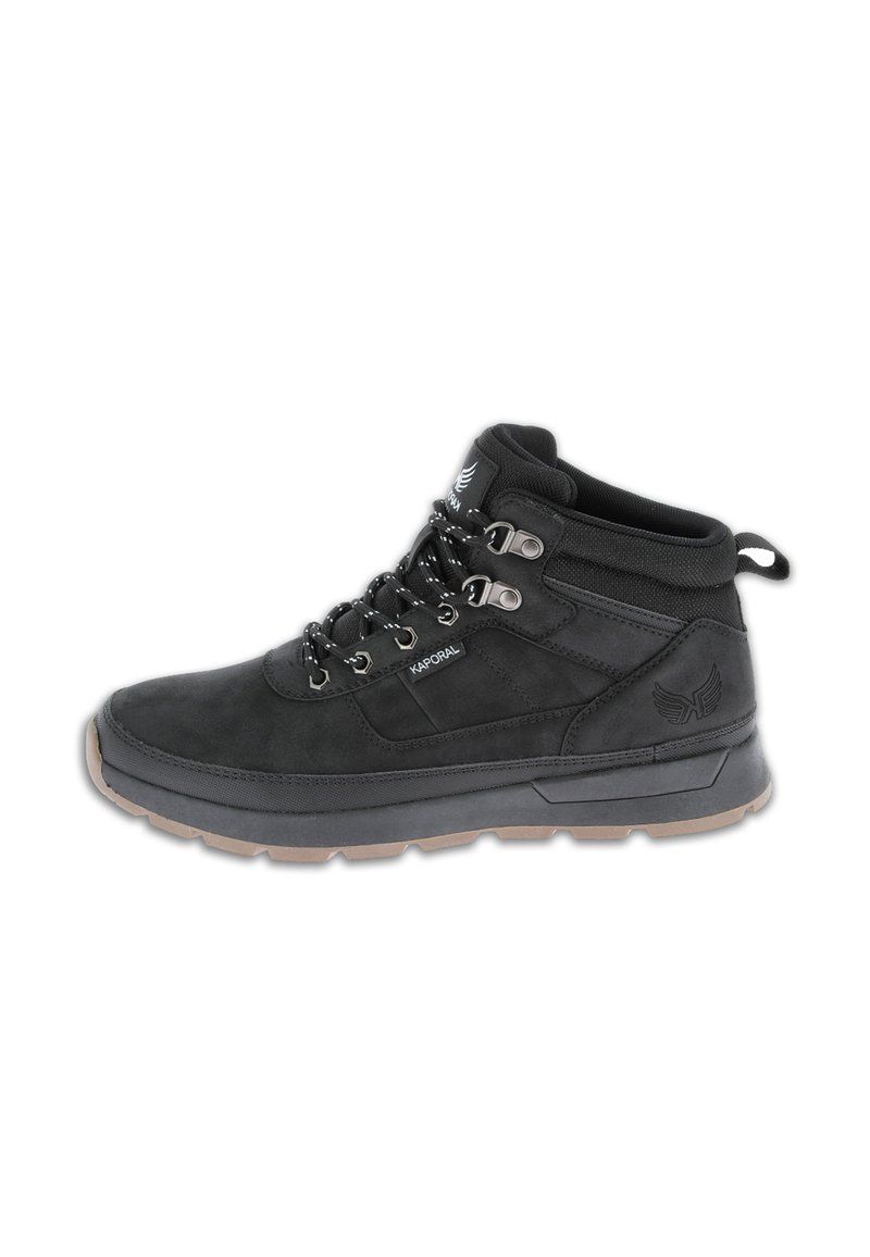Black hiking boots made of suede with a padded collar, metal eyelets, and a textured rubber sole. Features a logo on the side.