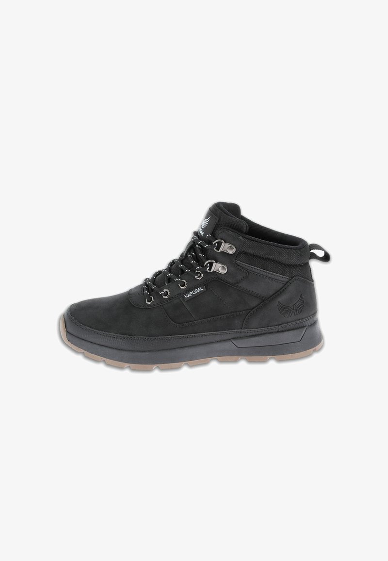 Black hiking boots made of suede with a padded collar, metal eyelets, and a textured rubber sole. Features a logo on the side.
