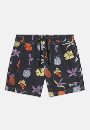 Črne kopalne kratke hlače s pisanimi tropskimi cvetličnimi in sadnimi vzorci, z vrvico v pasu in znamko "Quiksilver One Piece" na nogi.