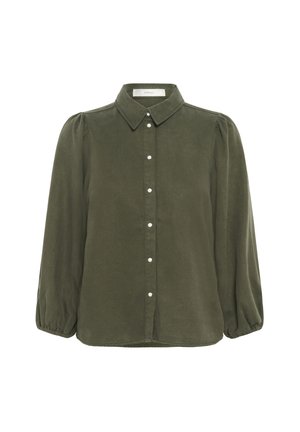 Olijfgroene button-up shirt met een kraaghalslijn, lange pofmouwen en een zachte stof. Heeft witte knopen langs de voorkant.