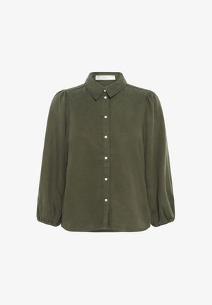 Olíva zöld gombos ing, állógallérral, hosszú puff ujjakkal és sima anyagból. Elöl fehér gombok találhatók.