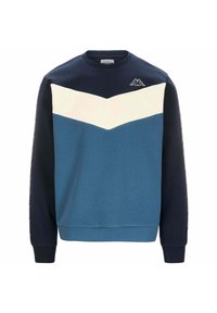 Sudadera azul con bloques de color marino, azul claro y crema. Diseño sencillo con cuello redondo y puños acanalados. Logo de Kappa en el pecho.