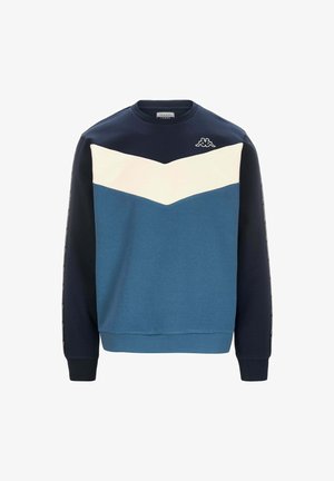 Sudadera azul con bloques de color marino, azul claro y crema. Diseño sencillo con cuello redondo y puños acanalados. Logo de Kappa en el pecho.