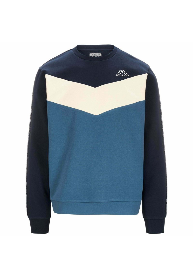Sudadera azul con bloques de color marino, azul claro y crema. Diseño sencillo con cuello redondo y puños acanalados. Logo de Kappa en el pecho.