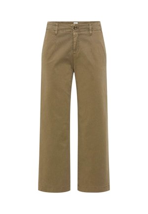 Khakifarbene, weit geschnittene Hose mit Gürtelschlaufen, Knopfverschluss und Fronttaschen, präsentiert auf weißem Hintergrund.