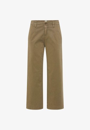 Pantalon ample couleur kaki avec passants de ceinture, fermeture par bouton, et poches avant, présenté sur un fond blanc.