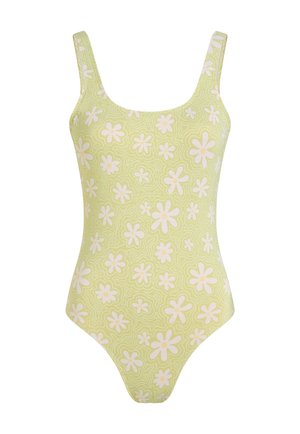 Zeleno cvetno enodelno kopalke z strukturirano teksturo belih cvetov, širokimi naramnicami in klasičnim krojem za pokritost.