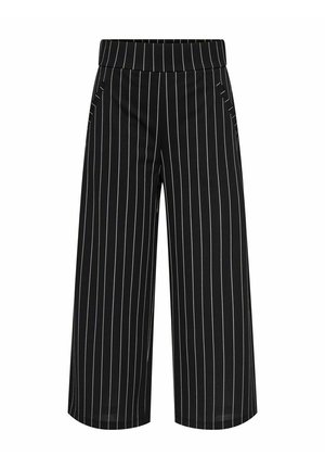 Black wide-leg cropped pants with vertical white pinstripes and an elastic waistband.