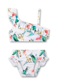 Zweiteiliges Badeanzug bestehend aus einer weißen Basis mit bunten Tier- und tropischen Blattmotiven. Das Oberteil hat Rüschen und ein asymmetrisches Trägerdesign.