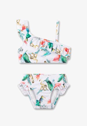 Zweiteiliges Badeanzug bestehend aus einer weißen Basis mit bunten Tier- und tropischen Blattmotiven. Das Oberteil hat Rüschen und ein asymmetrisches Trägerdesign.