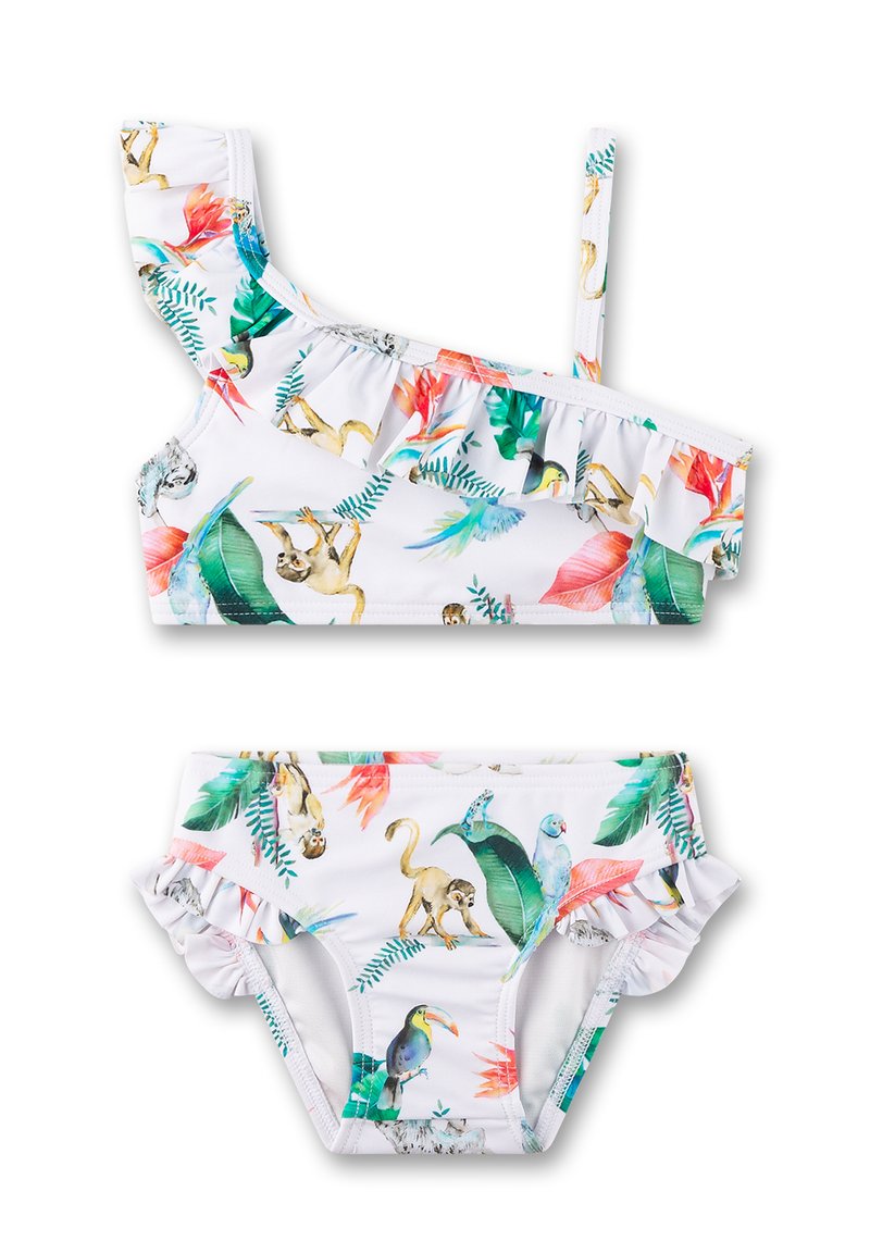 Zweiteiliges Badeanzug bestehend aus einer weißen Basis mit bunten Tier- und tropischen Blattmotiven. Das Oberteil hat Rüschen und ein asymmetrisches Trägerdesign.