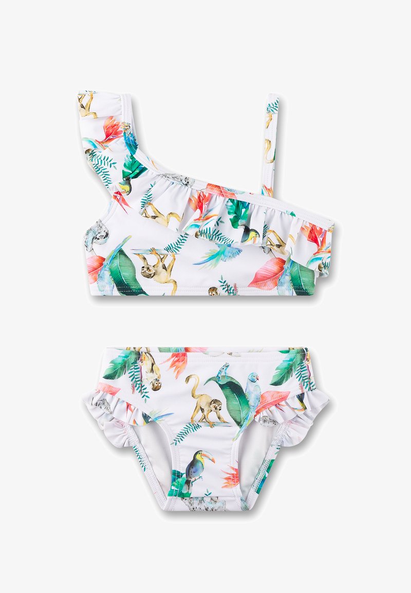 Zweiteiliges Badeanzug bestehend aus einer weißen Basis mit bunten Tier- und tropischen Blattmotiven. Das Oberteil hat Rüschen und ein asymmetrisches Trägerdesign.