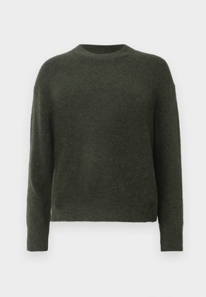 Green, textured sweater made of soft material; features a round neckline and long sleeves; slightly cropped at the waist.