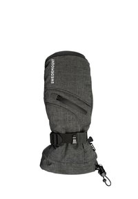 Schwarze und graue isolierte Fausthandschuhe mit einer strukturierten Oberfläche, verstellbarem Riemen und einem Zugband am Handgelenk für einen sicheren Sitz. Das SWEDEMOUNT-Logo ist sichtbar.