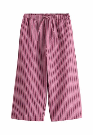 Lazán szabott, bokáig érő nadrág mályvaszínben, függőleges fehér csíkokkal, gumis derékrésszel és elöl megkötős megoldással.