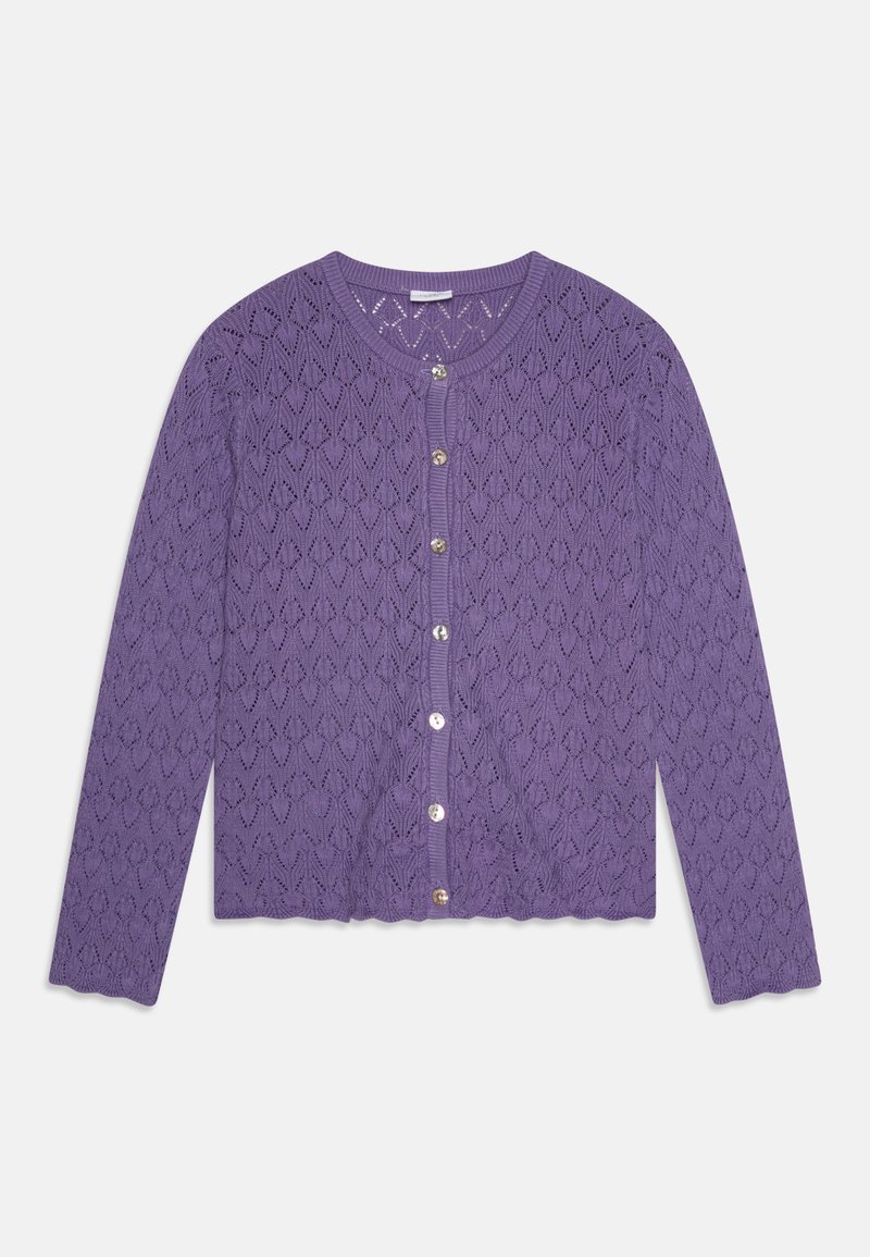 Cardigan tricotado roxo com bainha em forma de onda, padrão intricado de folhas e cinco botões redondos na parte da frente. Mangas longas.