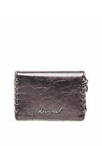 Metallic dark purple wallet with a crinkled texture, leather material, stitched accents, and a silver logo. Compact rectangular shape.