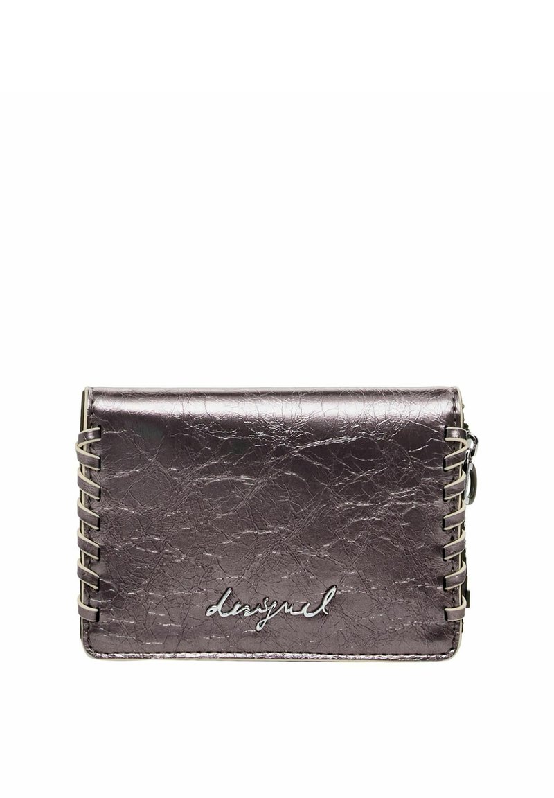 Metallic dark purple wallet with a crinkled texture, leather material, stitched accents, and a silver logo. Compact rectangular shape.