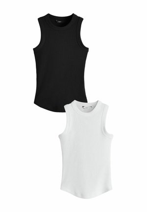 Kaksi hihattomia ribbineulottua puuvillapaitaa mustana ja valkoisena, joissa on pyöreä pääntie ja kaarevat helmakaistaleet. Molemmissa on 'NEXT'-merkitty lappu.