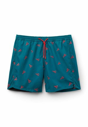 Teal badebukser med mønster af hummer i rød, elastisk talje med snøring og sidelæk for bevægelighed.