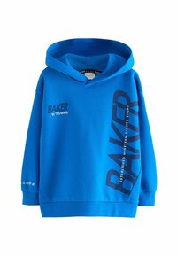 Blauwe hoodie van een katoenmix. Beschikt over een groot "BAKER" logo in donkerblauw en de tekst "GESTICHT IN ACHTENTACHTIG." Met capuchon.