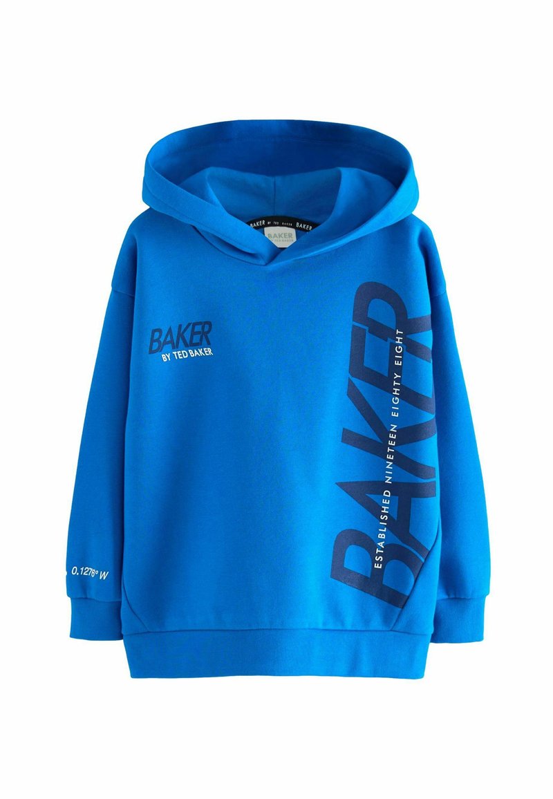 Blauwe hoodie van een katoenmix. Beschikt over een groot "BAKER" logo in donkerblauw en de tekst "GESTICHT IN ACHTENTACHTIG." Met capuchon.