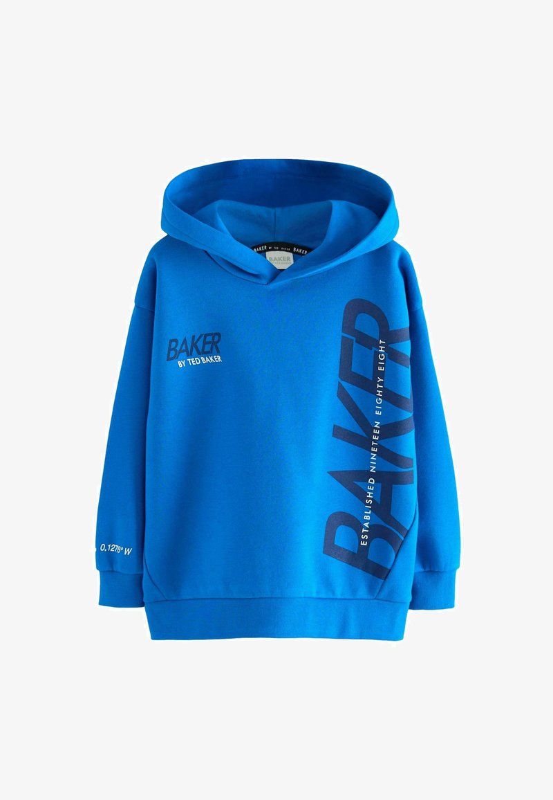 Sudadera azul hecha de una mezcla de algodón. Presenta un gran logo "BAKER" en azul oscuro y el texto "ESTABLECIDO EN MIL NOVECIENTOS OCHENTA Y OCHO". Diseño con capucha.