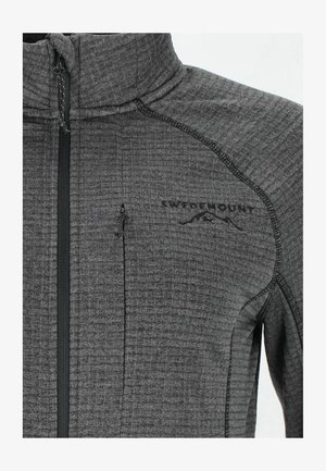 Grau zip-futterjacke aus strukturierter stoff, hoher kragen und schwarz akzenten. Verfügt über ein logo und eine mit reißverschluss gesicherte brusttasche. Weich und verstellbar.