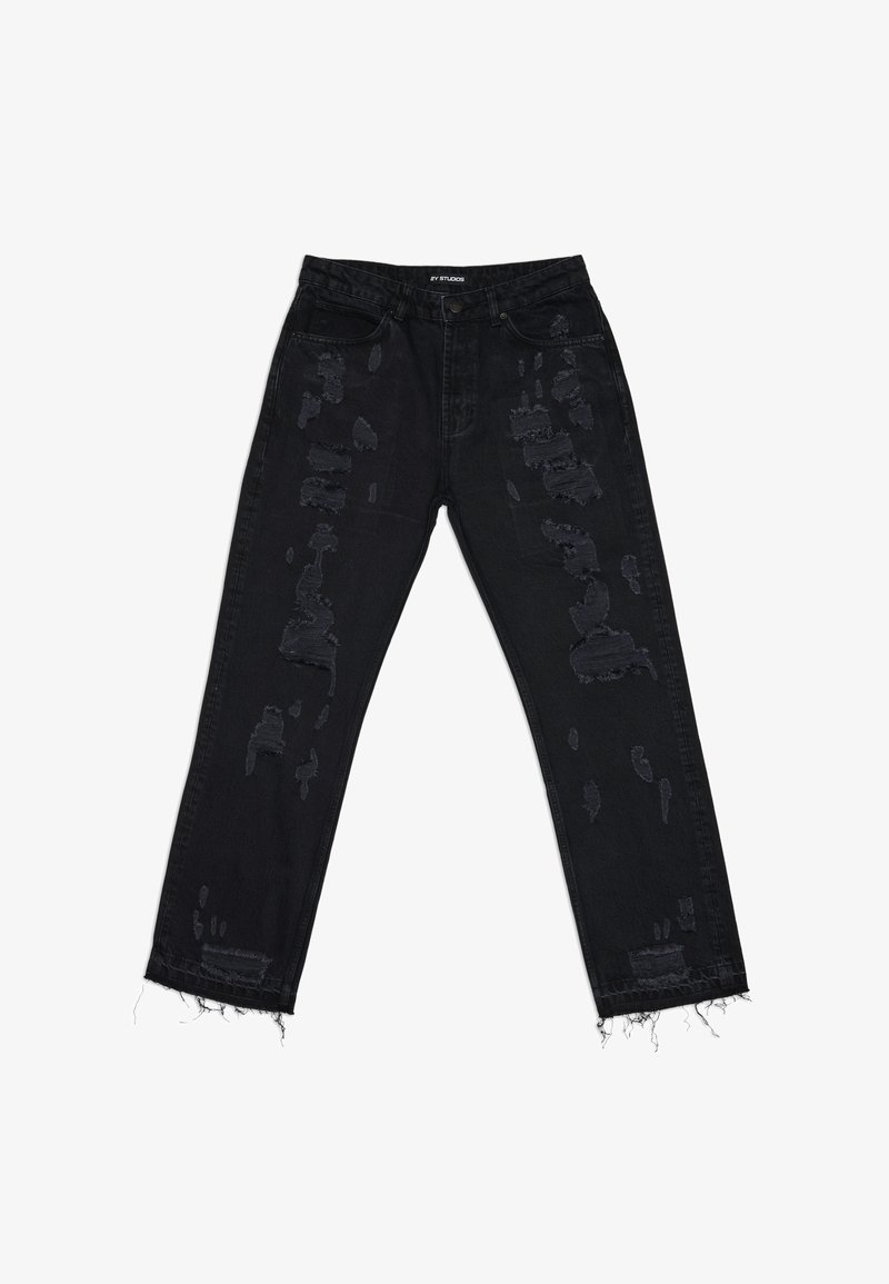 Black denim jeans with distressed patches, relaxed fit, frayed hem, and standard five-pocket design. The fabric appears durable and textured.